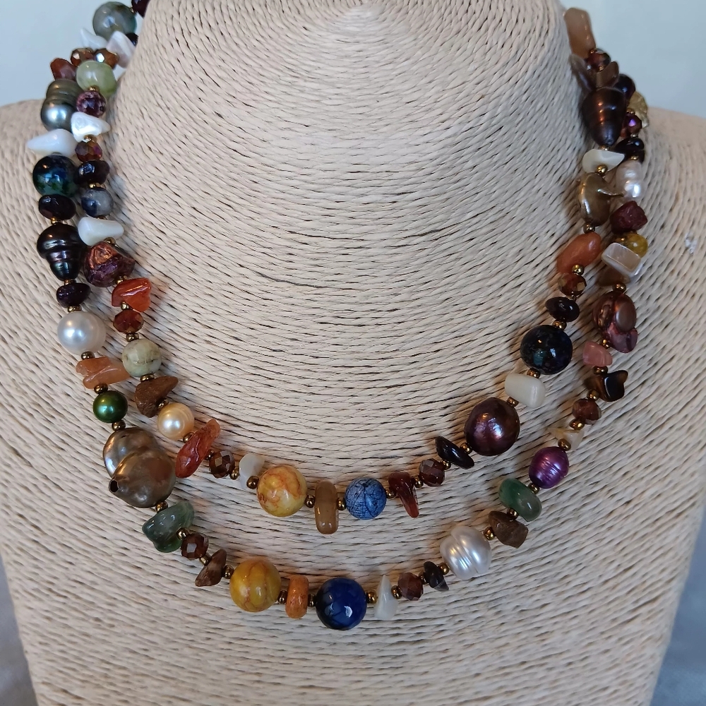 Multicolor Gemstones Pearls Crystals  Necklace, New, Long